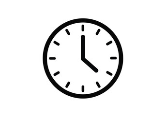 Vector illustration of a simple black clock face with hour and minute hands indicating the time, isolated on a white background
