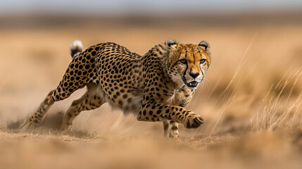 Fast cheetah running at full speed across the savanna
