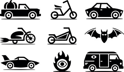 Spooky Vehicle Vector Icons: Halloween Transportation Set