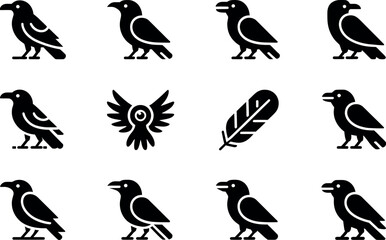 Vector Raven Icons: Black, Simple, Bird Silhouette Set