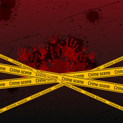 Grunge crime scene with blood stains, red handprints, dark horror background, yellow tape, forensic theme, mystery danger zone, spooky thriller vector illustration.