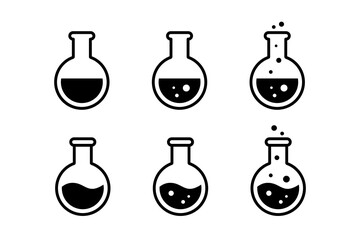 Chemical laboratory flask icon. Florence flask icon vector set. Round bottom flask with bubbling liquid icon.