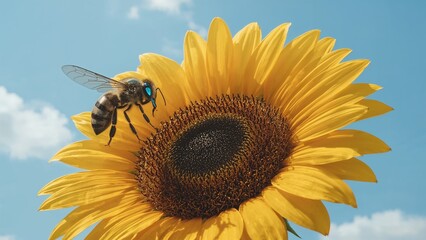 Vibrant Bee Pollination on a Sunny Day: Macro Photography of a Beautiful Sunflower and Insect in Eco-Friendly Nature and Biodiverse Garden
