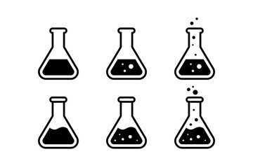Chemical flask icon. Erlenmeyer flask with liquid vector icon. Chemistry flask with bubbles icon. Chemical laboratory icon set. Vector illustration