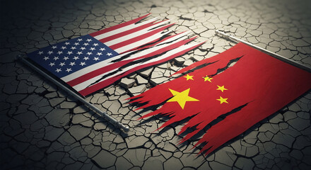 USA versus China torn flags representing trade war conflict