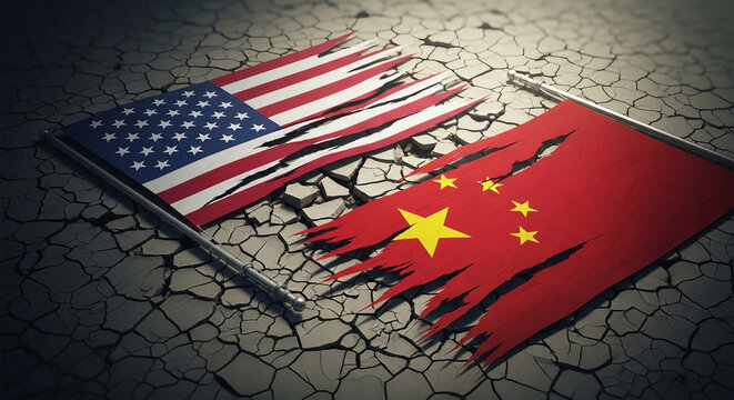 USA versus China torn flags representing trade war conflict