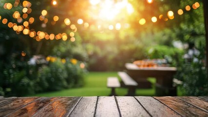 Wooden table with blurred garden background warm bokeh light cozy inviting outdoor atmosphere during sunset evening nature bench glowing string lights creating peaceful ambiance - Powered by Adobe