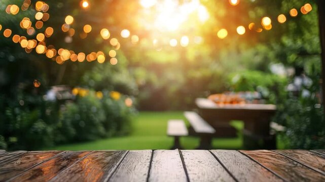 Wooden table with blurred garden background warm bokeh light cozy inviting outdoor atmosphere during sunset evening nature bench glowing string lights creating peaceful ambiance