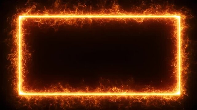 Glowing fire frame with bright sparks burning around dark rectangular border in a seamless loop, suitable for hot transitions, fiery effects, or title backgrounds