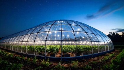 Obraz premium Growing Plants Inside Greenhouse at Night Under Starry Sky