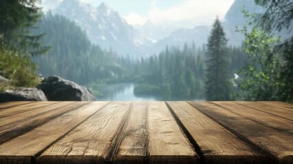 Wooden table with mountain lake forest background peaceful nature scene sunlight pine trees rocky terrain perfect outdoor travel concept showcasing serene tree landscape and natural beauty