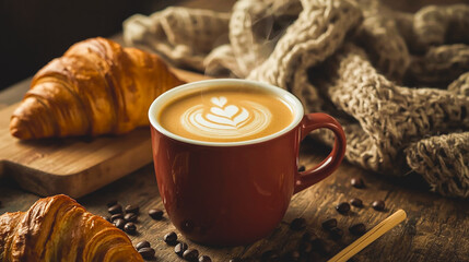 A freshly brewed hot café latte in a classic ceramic mug, placed on a rustic wooden table with steam gently rising. Surroundings include a croissant, coffee beans, and a cozy knit scarf. Warm, natural