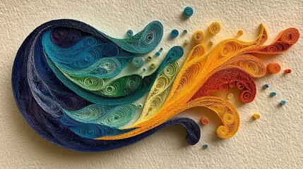 Colorful quilling art work in flowing vortex shape, with color gradient from blue to orange, decorated with small paper rolls, against a light - colored textured wall, full of artistic creativity.