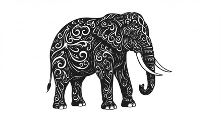 "Black elephant vector with tusks and traditional ornamental style"

