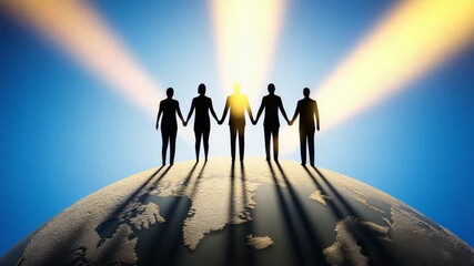 Silhouette people holding hands globe with sunlight and long shadows symbolizing unity connection teamwork cooperation partnership collaboration support diversity friendship earth horizon bright sky
