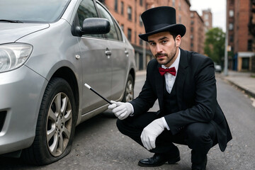 Magician Tries to Fix Flat Tire with Magic Wand. Funny Urban Fantasy Concept Featuring Man in Tuxedo and Top Hat