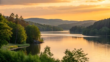 Obraz premium Serene lake landscape during sunset in northern Europe, with sunlight reflections and peaceful natural scenery 
