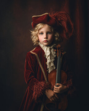 Boy in costume holds violin, radiating timeless elegance