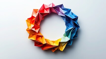 Colorful origami ring composed of multiple three - dimensional geometric - shaped colorful papers, with colors including red, orange, yellow, green, blue, purple, on a light gray background, unique sh