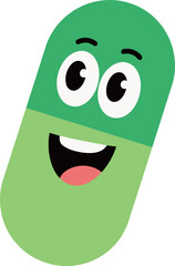 Fototapeta premium Happy green pill cartoon character with a wide, joyful smile and bright eyes, representing health and vitality.