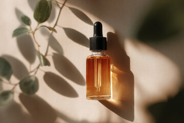 Naklejka premium Clear dropper bottle shines, suspended over leaf shadows