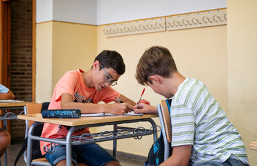 Two schoolboys collaborating during a writing task in classroom, working together at desk in a supportive learning environment
