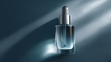 Clear serum bottle glistens elegantly with dropper on blue surface