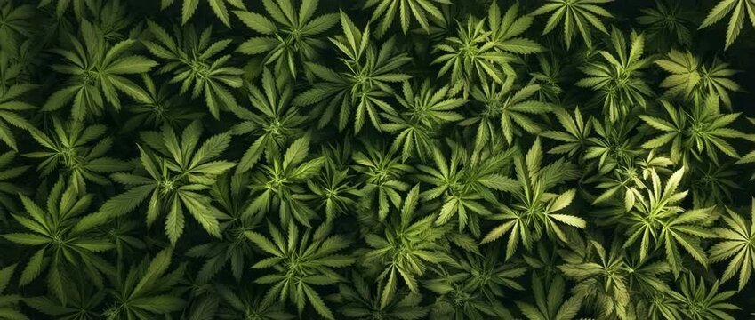 Vibrant green cannabis plant leaves densely packed in natural garden foliage with fresh sunlight highlighting healthy growth and creating calm organic atmosphere outdoors