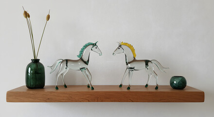 선반에 놓인 말 유리공예 인테리어 소품.