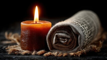 The image depicts a spa-like scene with a lit candle and a rolled-up towel