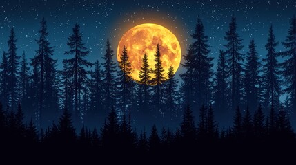 Night forest with a shining full moon above
