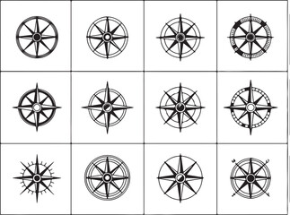 Fototapeta premium Black and White Compass Rose Collection Featuring Twelve Designs with Directional Arrows and Varied Complexity, Some Enclosed in Circles