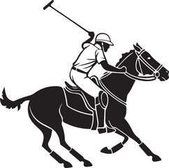 Elegant black and white illustration of a polo player riding a horse on the field