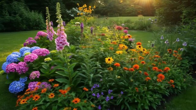Colorful garden bed of hydrangeas, foxgloves, and rudbeckias in golden hour lighting