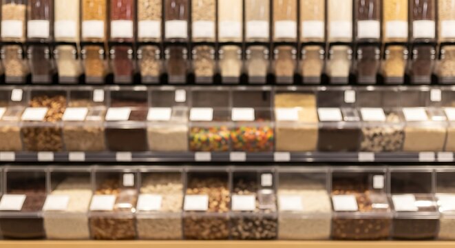 Rows of bulk food bins and gravity dispensers filled with various grains and nuts in a zero-waste shop. - Powered by Adobe