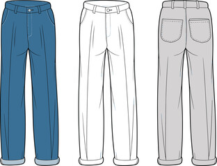 Cad drawing flat vector illustration, men's casual trousers design, rolled cuff pants fashion sketch, front and back view apparel template, tailored pants technical drawing, modern clothing style