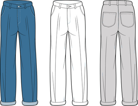 Cad drawing flat vector illustration, men's casual trousers design, rolled cuff pants fashion sketch, front and back view apparel template, tailored pants technical drawing, modern clothing style