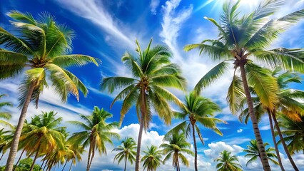 Tropical Palm Trees Against a Bright Blue Sky with White Clouds