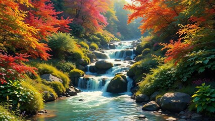 Autumn waterfall cascades through a vibrant forest, with water flowing over moss-covered rocks in a serene natural landscape