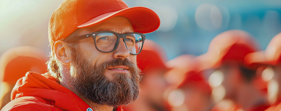 Inspiring coach leading sports team, wearing glasses and red cap, focused and determined expression, surrounded by team members in red attire