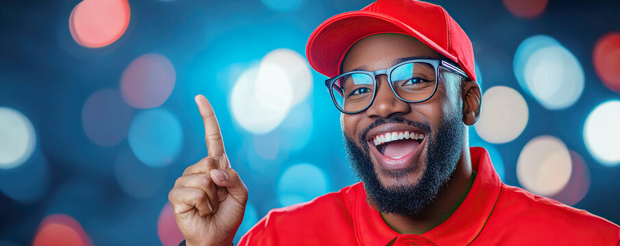Cheerful man wearing red cap and glasses, smiling and pointing with excitement, against colorful bokeh background, conveying motivation