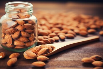 Shelled almonds spilling from glass jar onto wooden table with wooden spoon, healthy snack food concept