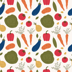 Vegetable seamless pattern. Vector repeating background with carrots, cabbage, potatoes, paprika, onion, potato, tomato, leaf, cucumber, garlic, eggplant, vegetables harvest. Design for wrapping