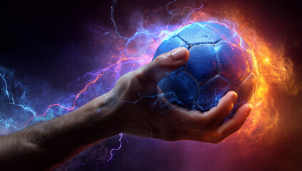 Hand holding fiery, electric handball
