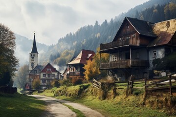 Charming village of spania dolina in central slovakia with its traditional wooden houses and church on an autumn morning