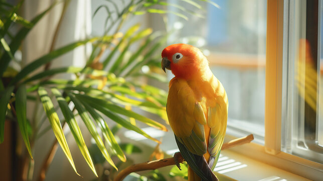 Brightly colored sun conure parrot perched near a sunny window with green plants
