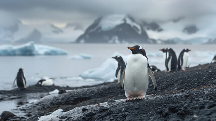Obraz premium Penguins standing on a rocky shore with icebergs and mountains in the background