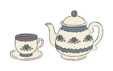 Vintage hand drawn tea set with floral teapot and cup. Cozy cottagecore sketch style vector illustration for kitchen prints, cafe menu, packaging, stickers, tea party decor.