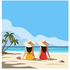 Two Women Relaxing on Tropical Beach, Summer Vacation Illustration
