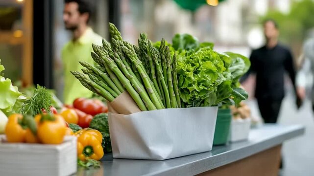 Fresh vegetables, including asparagus and bell peppers, displayed at an outdoor market stall, capturing urban agriculture and organic produce trends - Powered by Adobe